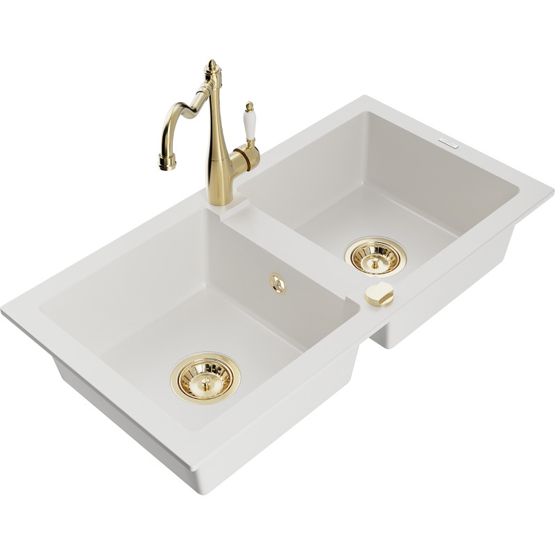 Mexen Mario granite kitchen sink 2-bowl with kitchen faucet Carla, white - 6504-20-670700-50