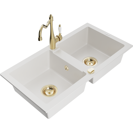 Mexen Mario 2-bowl granite sink with Carla kitchen faucet, white - 6504-20-670700-50