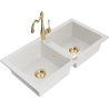Mexen Mario 2-bowl granite sink with Carla kitchen faucet, white - 6504-20-670700-50