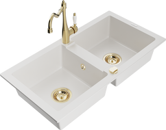 Mexen Mario granite sink 2-bowl with Carla kitchen tap, white - 6504-20-670700-50