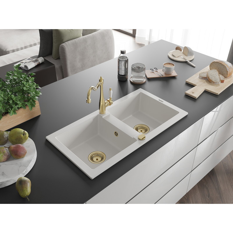 Mexen Mario 2-bowl granite sink with Carla kitchen faucet, white - 6504-20-670700-50