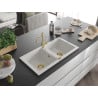 Mexen Mario granite sink 2-bowl with Carla kitchen tap, white - 6504-20-670700-50