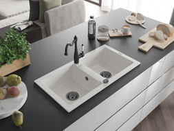 Mexen Mario granite double-bowl sink with kitchen faucet Carla, white - 6504-20-670700-70