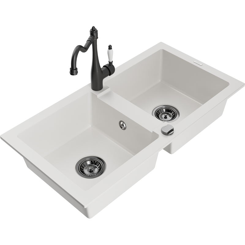 Mexen Mario 2-bowl granite kitchen sink with kitchen faucet Carla, white - 6504-20-670700-70