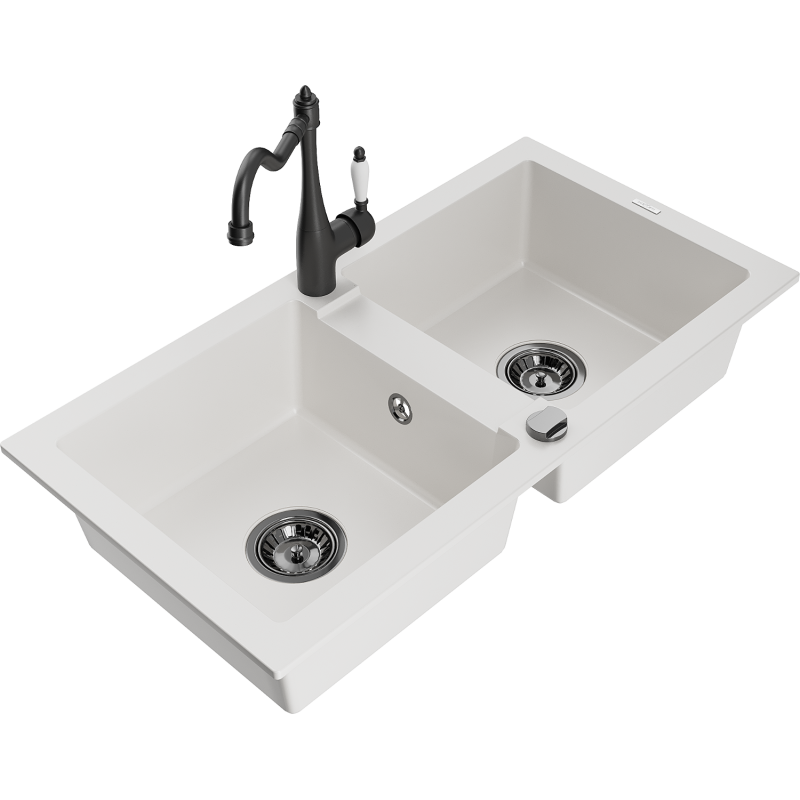 Mexen Mario granite sink 2-chamber with Carla kitchen tap, white - 6504-20-670700-70