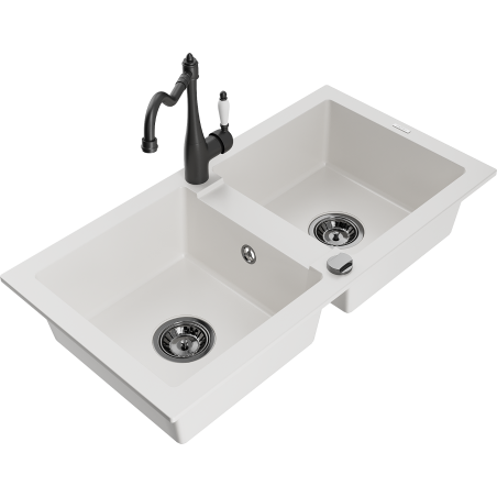 Mexen Mario 2-compartment granite sink with a kitchen mixer tap Carla, White - 6504-20-670700-70