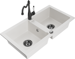 Mexen Mario 2-compartment granite sink with a kitchen mixer tap Carla, White - 6504-20-670700-70
