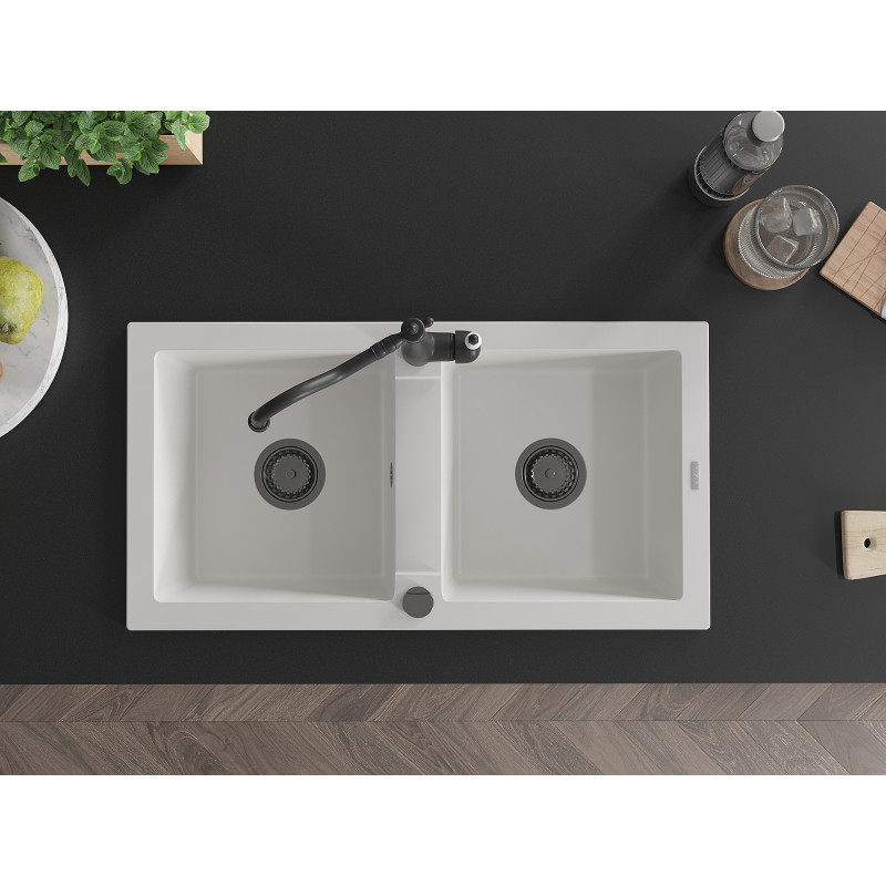Mexen Mario 2-bowl granite kitchen sink with kitchen faucet Carla, white - 6504-20-670700-70