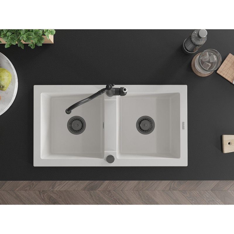 Mexen Mario granite double-bowl sink with kitchen faucet Carla, white - 6504-20-670700-70