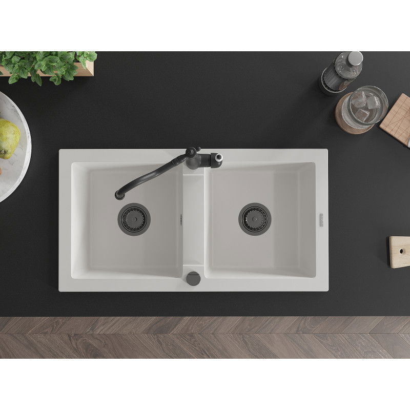 Mexen Mario granite sink 2-chamber with Carla kitchen tap, white - 6504-20-670700-70