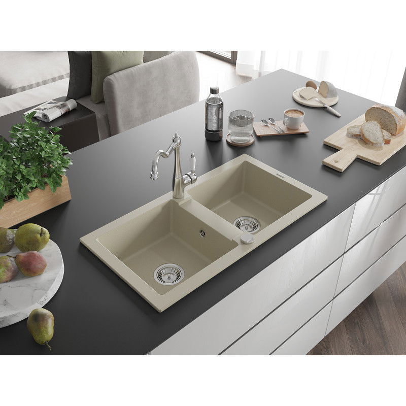 Mexen Mario 2-bowl granite kitchen sink with Carla kitchen tap, beige - 6504-69-670700-00