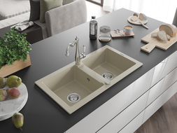 Mexen Mario 2-compartment granite sink with a kitchen mixer tap Carla, Beige - 6504-69-670700-00