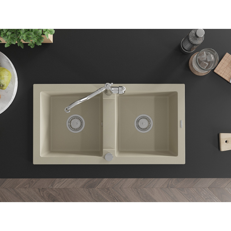 Mexen Mario 2-bowl granite sink with kitchen faucet Carla, beige - 6504-69-670700-00
