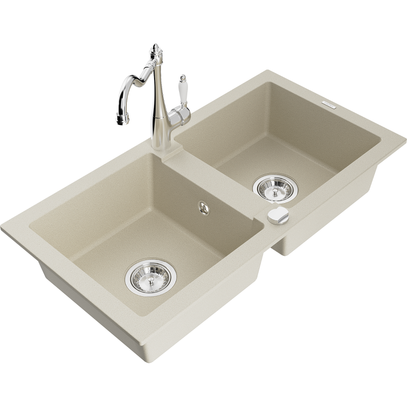 Mexen Mario 2-bowl granite kitchen sink with Carla kitchen tap, beige - 6504-69-670700-00