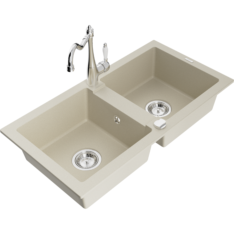 Mexen Mario 2-compartment granite sink with a kitchen mixer tap Carla, Beige - 6504-69-670700-00