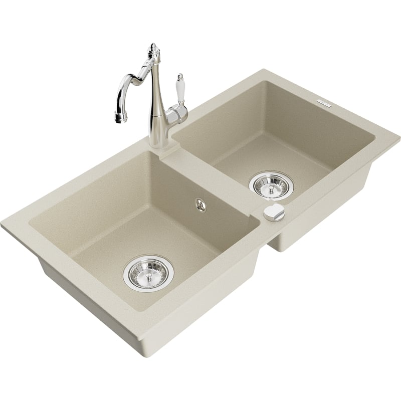 Mexen Mario granite double-bowl sink with Carla kitchen faucet, beige - 6504-69-670700-00