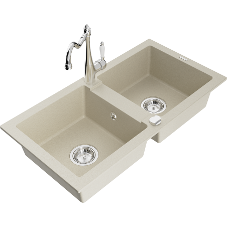 Mexen Mario granite double-bowl sink with Carla kitchen faucet, beige - 6504-69-670700-00