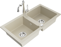 Mexen Mario granite double-bowl sink with Carla kitchen faucet, beige - 6504-69-670700-00