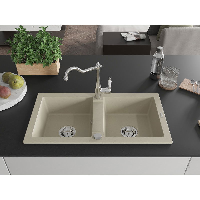 Mexen Mario 2-bowl granite kitchen sink with Carla kitchen tap, beige - 6504-69-670700-00
