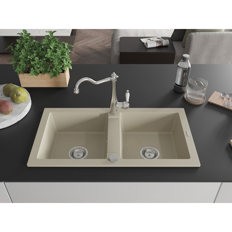 Mexen Mario granite double-bowl sink with Carla kitchen faucet, beige - 6504-69-670700-00