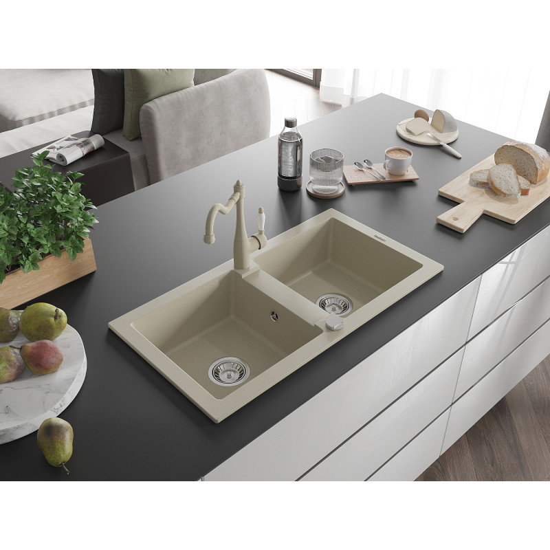 Mexen Mario 2-bowl granite kitchen sink with Carla kitchen faucet, beige - 6504-69-670700-69