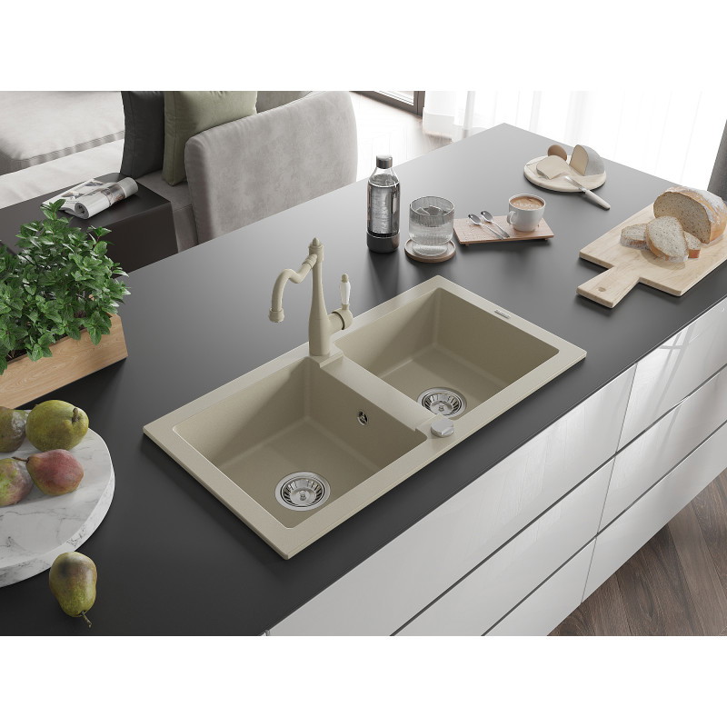 Mexen Mario 2-bowl granite kitchen sink with faucet Carla, beige - 6504-69-670700-69