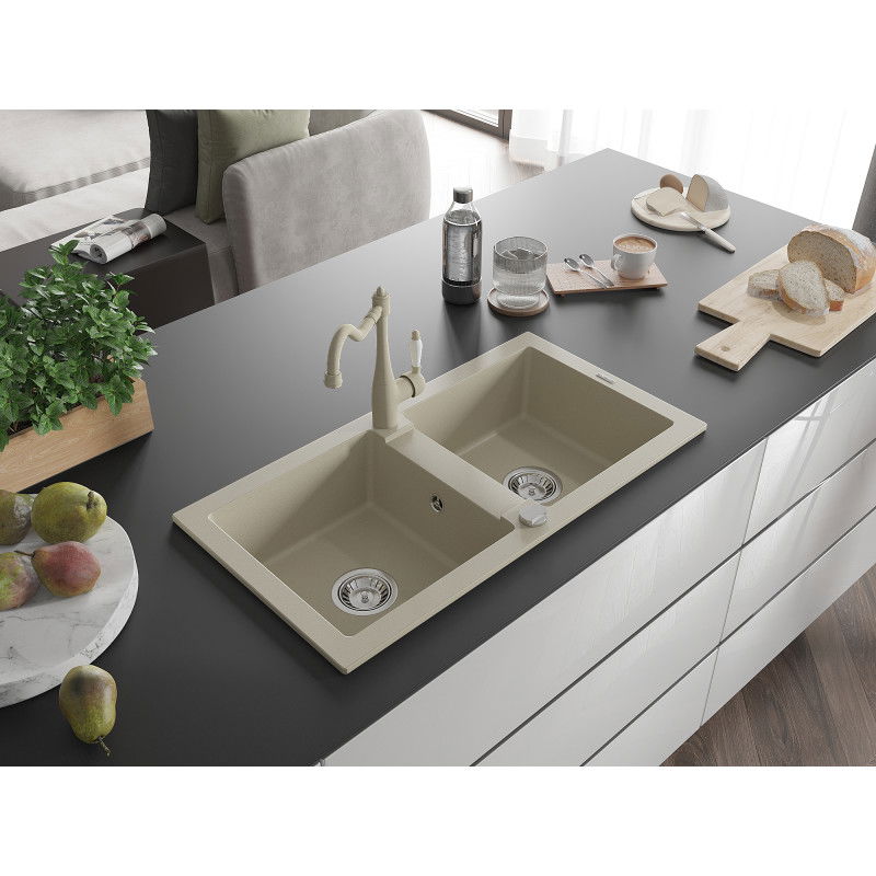 Mexen Mario granite sink 2-bowl with Carla kitchen tap, beige - 6504-69-670700-69