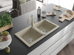 Mexen Mario 2-bowl granite kitchen sink with Carla kitchen faucet, beige - 6504-69-670700-69