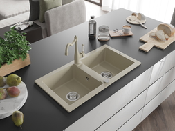 Mexen Mario 2-compartment granite sink with a kitchen mixer tap Carla, Beige - 6504-69-670700-69