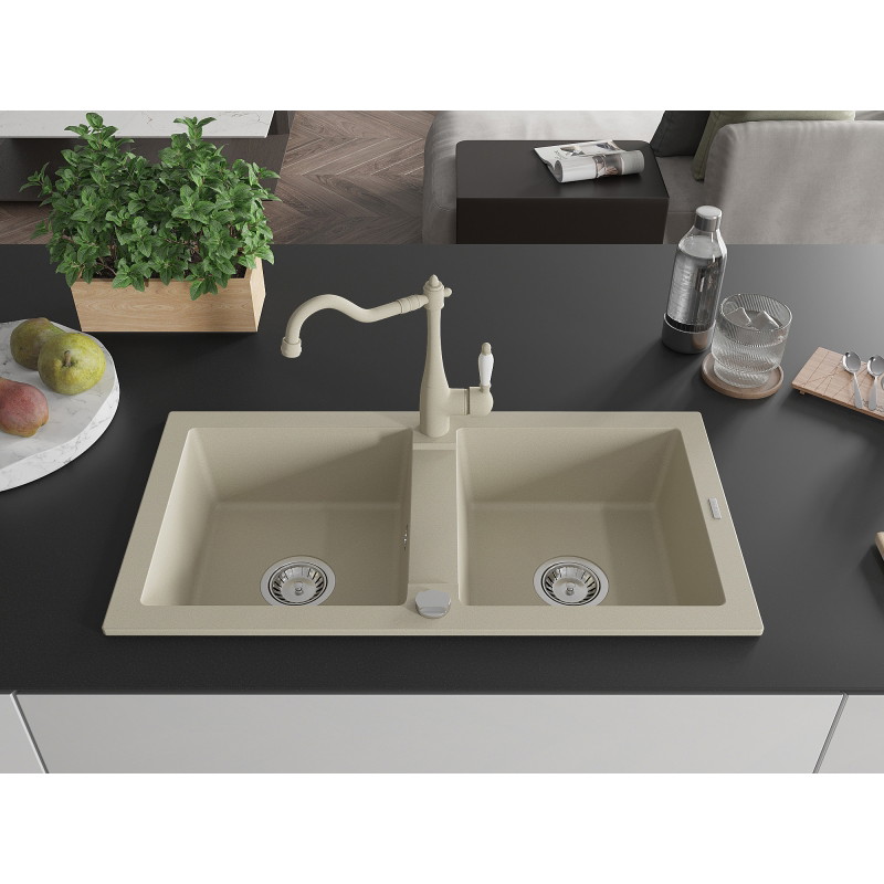 Mexen Mario 2-bowl granite kitchen sink with Carla kitchen faucet, beige - 6504-69-670700-69