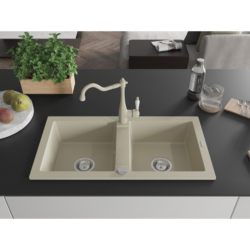 Mexen Mario 2-bowl granite kitchen sink with faucet Carla, beige - 6504-69-670700-69