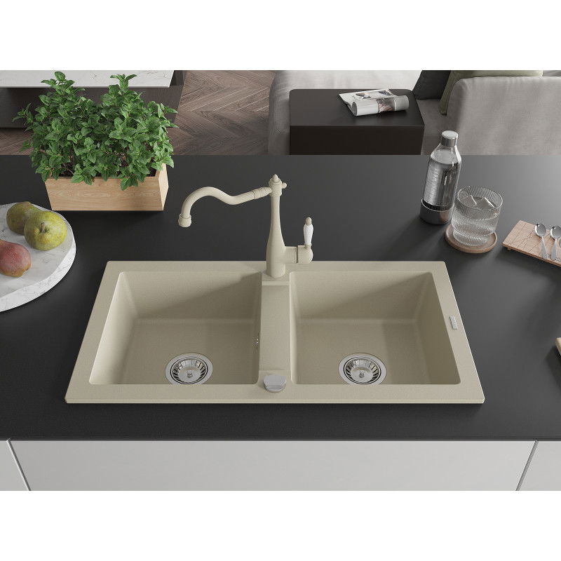 Mexen Mario granite sink 2-bowl with Carla kitchen tap, beige - 6504-69-670700-69
