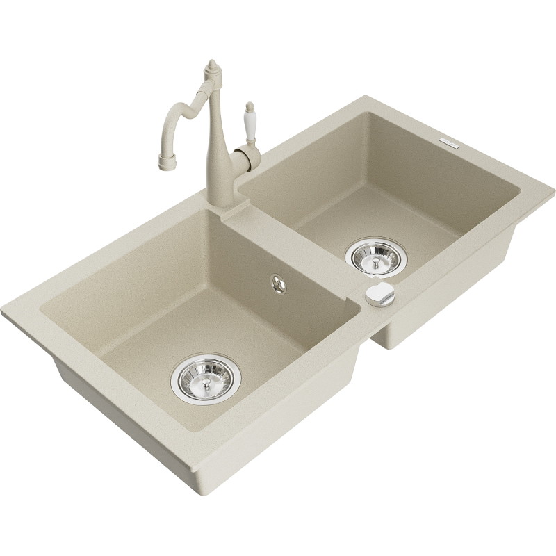 Mexen Mario 2-bowl granite kitchen sink with Carla kitchen faucet, beige - 6504-69-670700-69