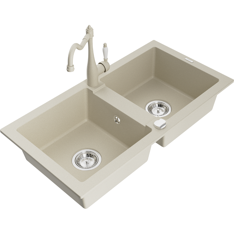 Mexen Mario 2-bowl granite kitchen sink with faucet Carla, beige - 6504-69-670700-69