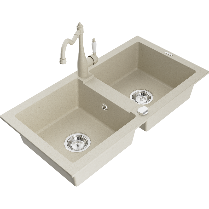 Mexen Mario granite sink 2-bowl with Carla kitchen tap, beige - 6504-69-670700-69