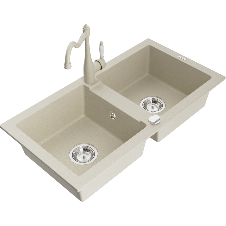 Mexen Mario granite sink 2-bowl with Carla kitchen tap, beige - 6504-69-670700-69