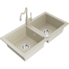 Mexen Mario granite sink 2-bowl with Carla kitchen tap, beige - 6504-69-670700-69