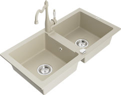 Mexen Mario granite sink 2-bowl with Carla kitchen tap, beige - 6504-69-670700-69