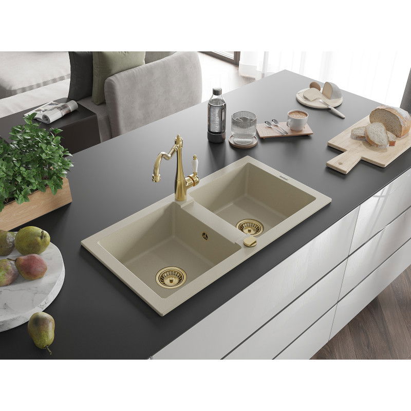 Mexen Mario granite sink 2-chamber with Carla kitchen tap, beige - 6504-69-670700-50