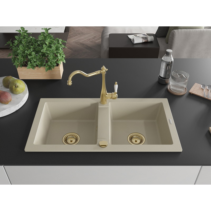 Mexen Mario 2-bowl granite sink with Carla kitchen faucet, beige - 6504-69-670700-50