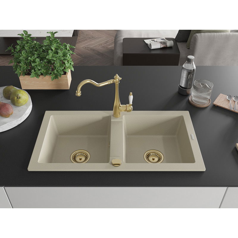 Mexen Mario granite sink 2-chamber with Carla kitchen tap, beige - 6504-69-670700-50