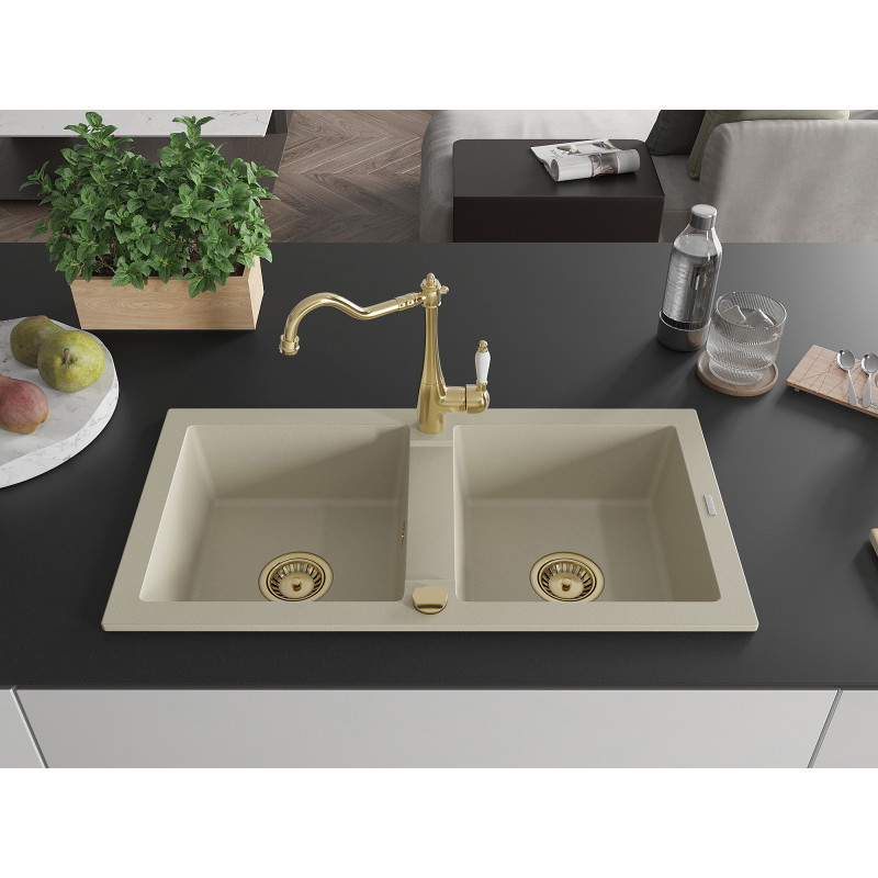 Mexen Mario granite sink 2-chamber with kitchen faucet Carla, beige - 6504-69-670700-50