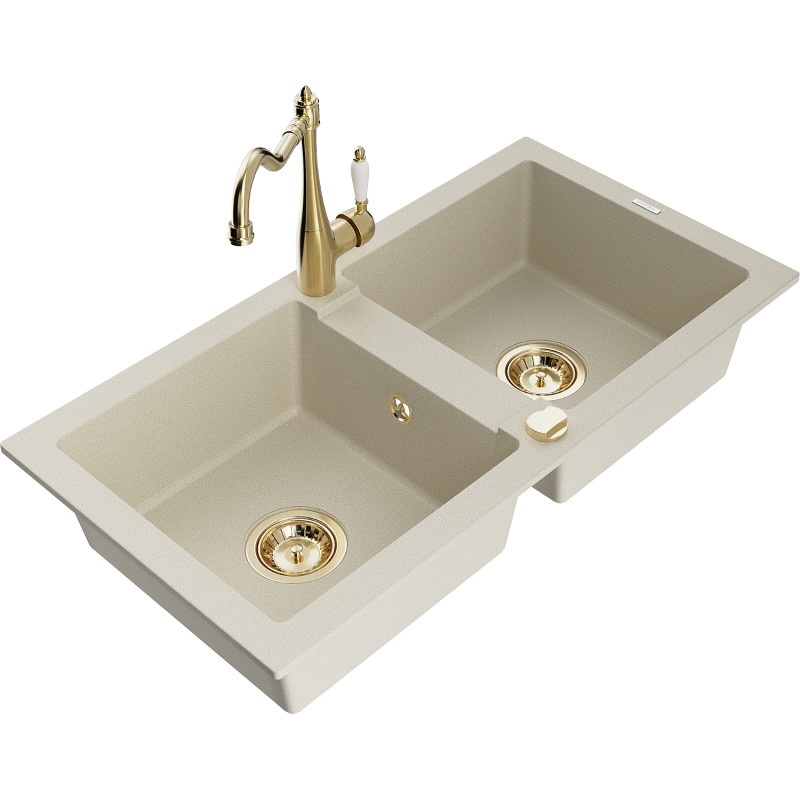 Mexen Mario 2-bowl granite sink with Carla kitchen faucet, beige - 6504-69-670700-50
