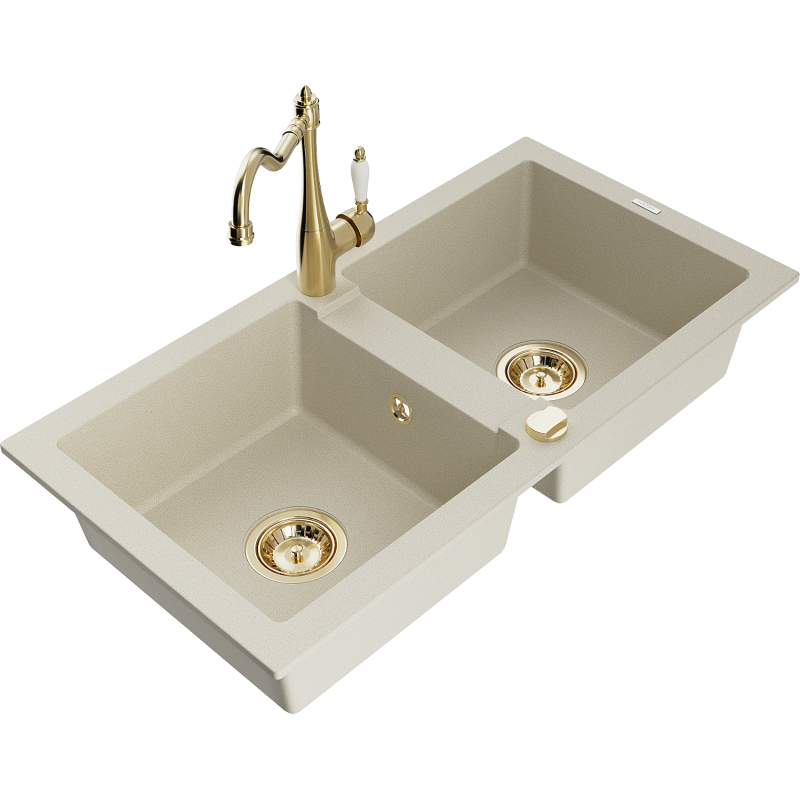 Mexen Mario granite sink 2-chamber with Carla kitchen tap, beige - 6504-69-670700-50