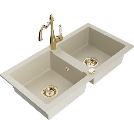 Mexen Mario granite sink 2-chamber with Carla kitchen tap, beige - 6504-69-670700-50