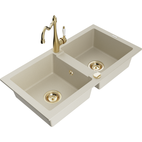 Mexen Mario granite sink 2-chamber with kitchen faucet Carla, beige - 6504-69-670700-50