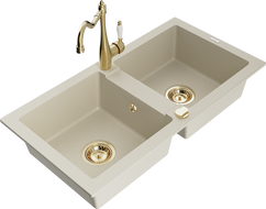 Mexen Mario 2-bowl granite sink with Carla kitchen faucet, beige - 6504-69-670700-50