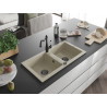 Mexen Mario granite double-bowl sink with Carla kitchen faucet, beige - 6504-69-670700-70
