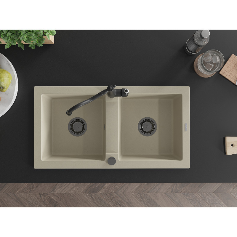 Mexen Mario granite double-bowl sink with Carla kitchen faucet, beige - 6504-69-670700-70