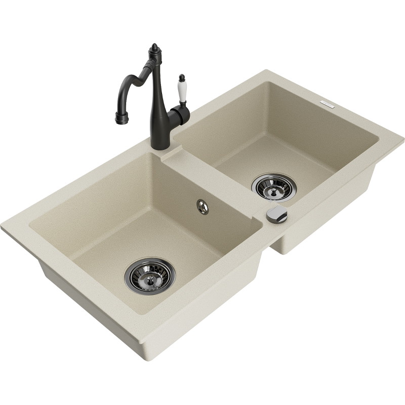 Mexen Mario 2-chamber granite kitchen sink with Carla kitchen faucet, beige - 6504-69-670700-70